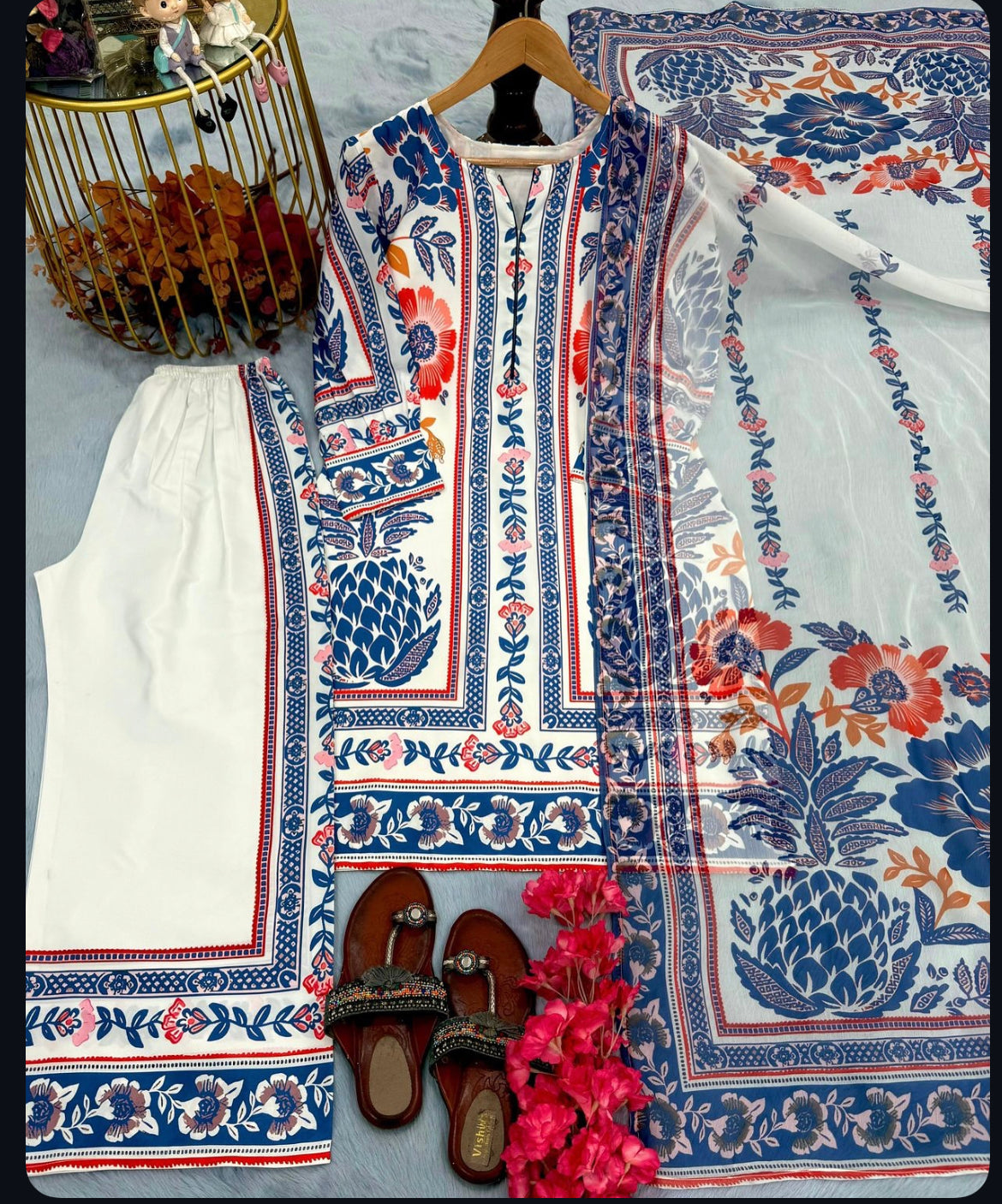 Elegant White & Blue Floral Printed co ord