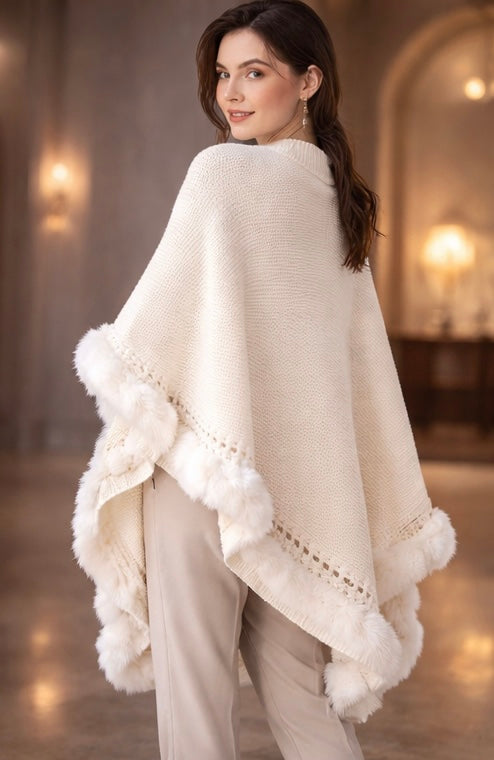 Ivory Whisper Faux Fur Knit Shawl