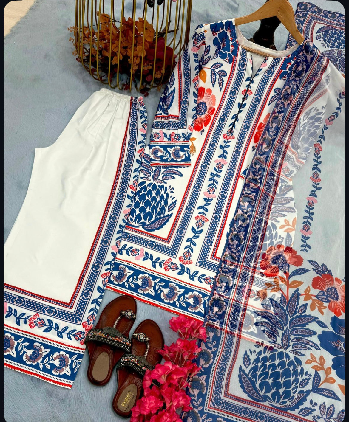 Elegant White & Blue Floral Printed co ord