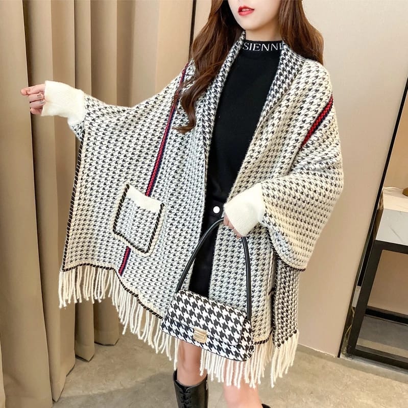Houndstooth Luxe Fringe Cape