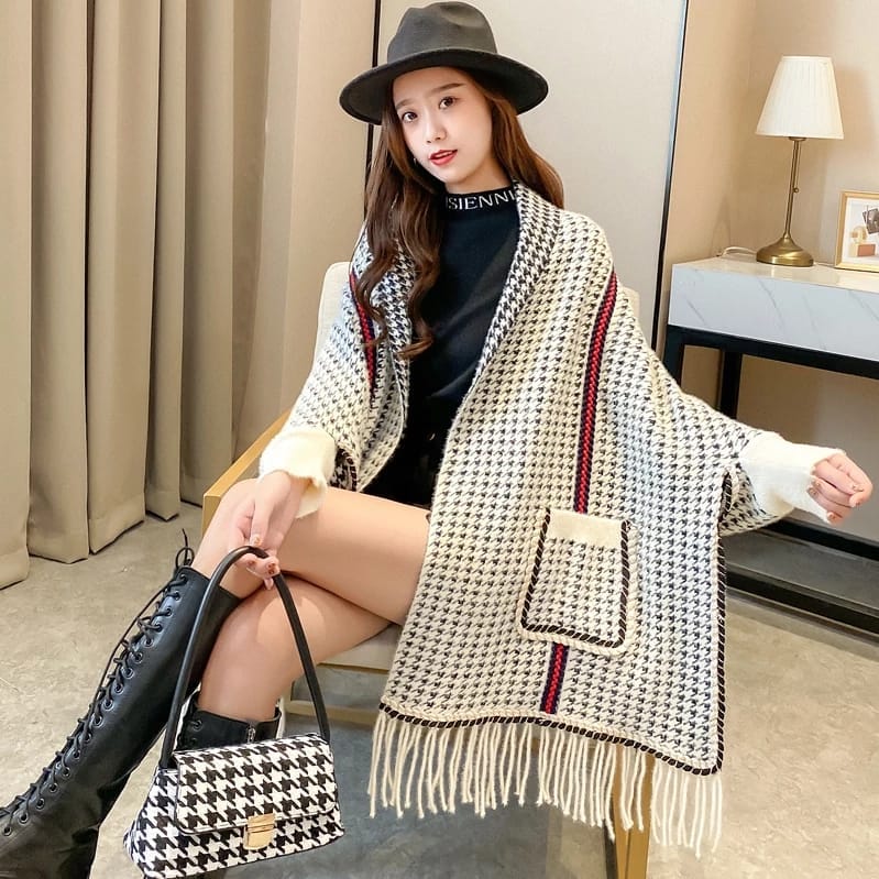 Houndstooth Luxe Fringe Cape