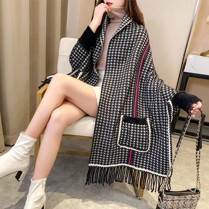 Houndstooth Luxe Fringe Cape