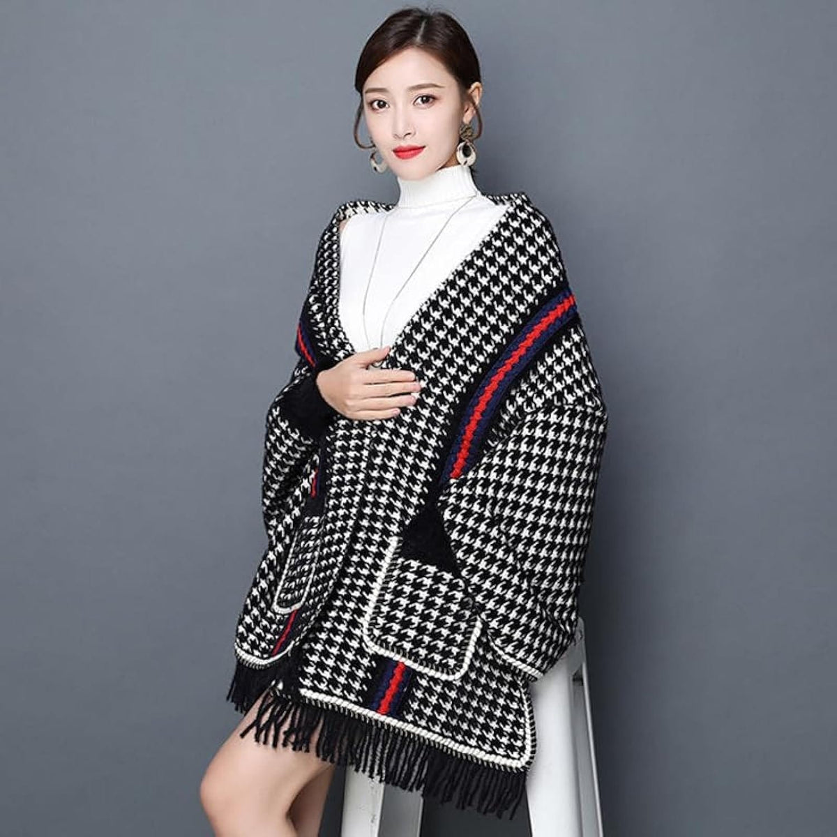 Houndstooth Luxe Fringe Cape