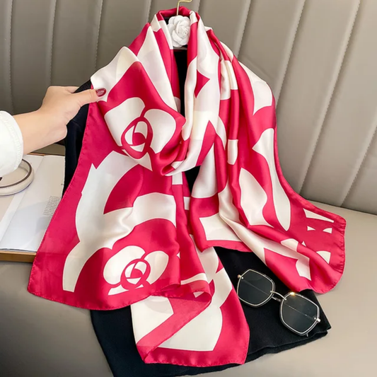 Crimson Cream Roses Printed Silk Scarf