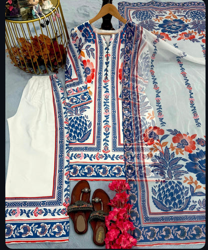 Elegant White & Blue Floral Printed co ord
