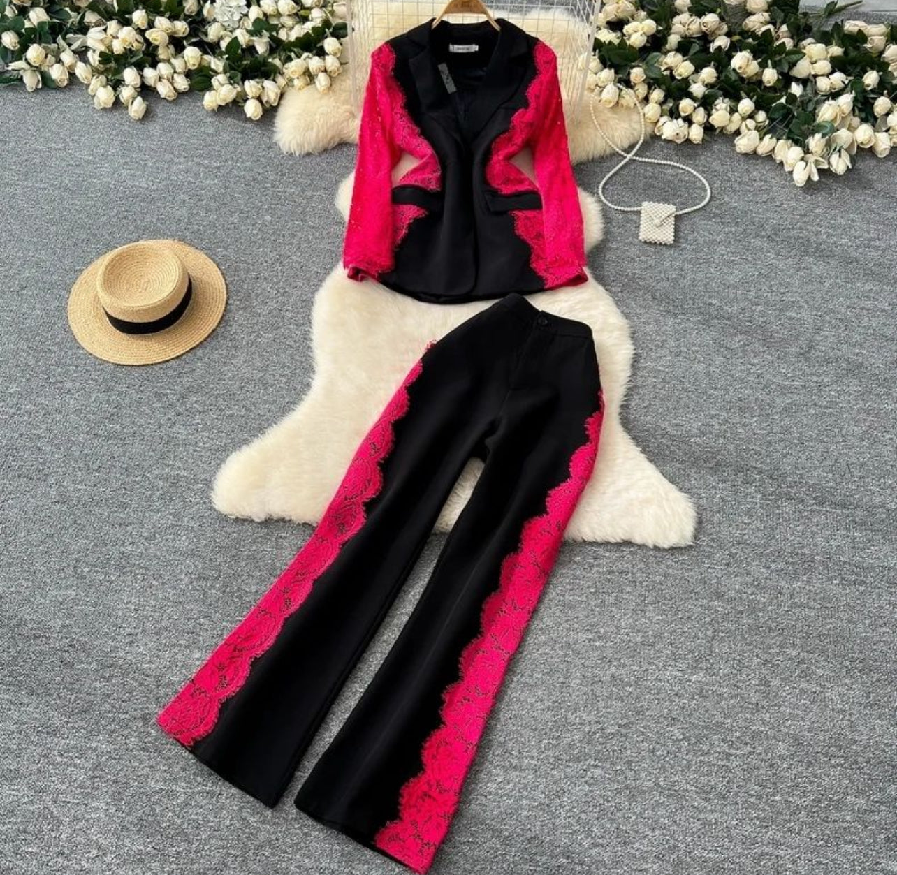 Maira Lace Panel Blazer Set