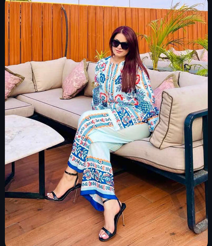 Elegant White & Blue Floral Printed co ord