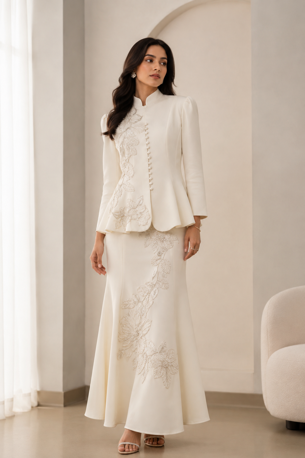 Ivory Élan Embroidered Peplum Skirt Set