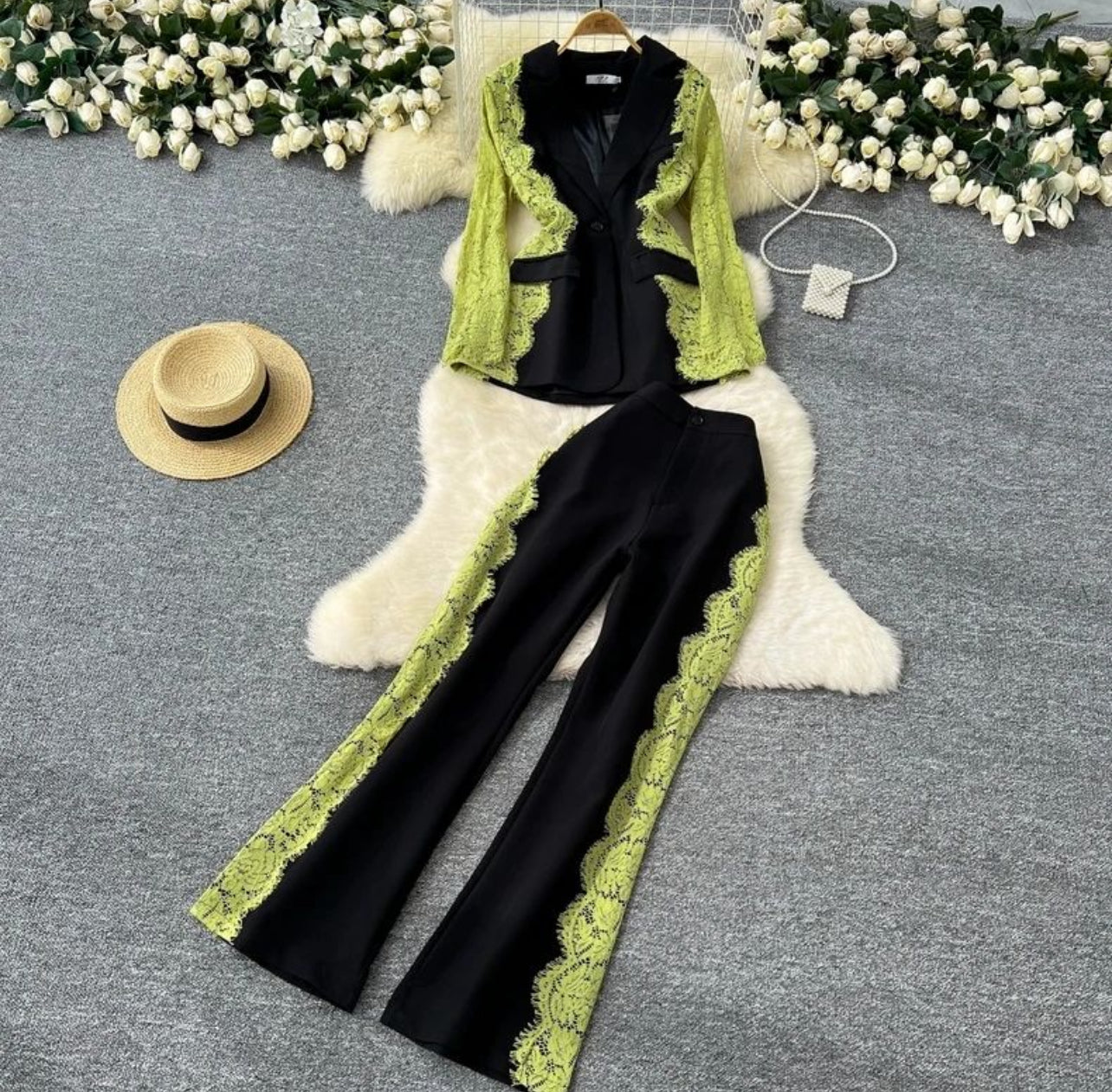Maira Lace Panel Blazer Set