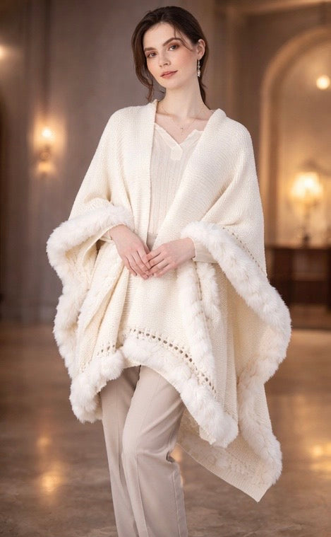 Ivory Whisper Faux Fur Knit Shawl