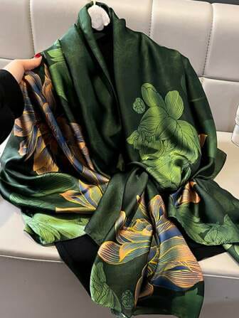 Green floral printed silk scarf