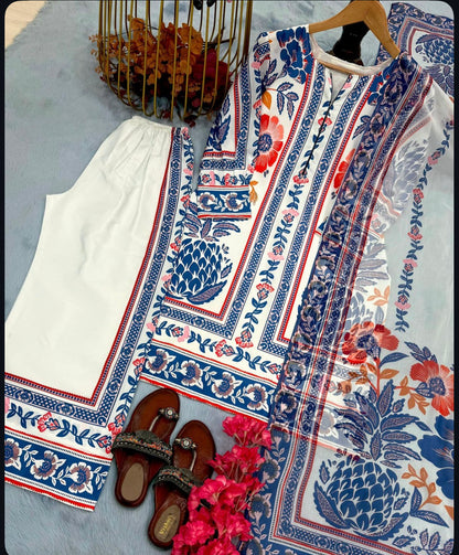 Elegant White & Blue Floral Printed co ord