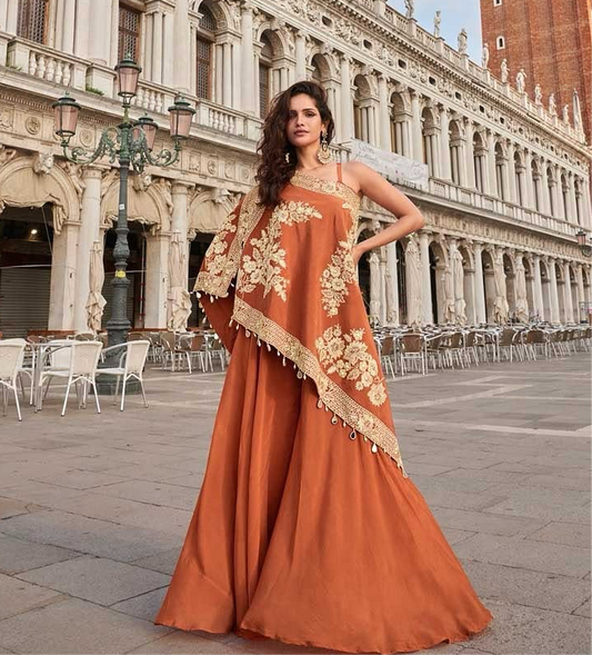 Terracotta Bloom Embroidered Cape Set