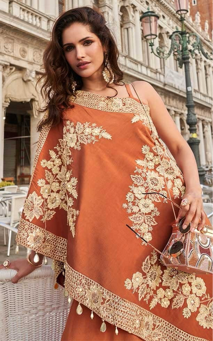 Terracotta Bloom Embroidered Cape Set
