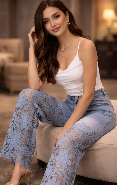 Embroidered Lace Panel Denim Trousers