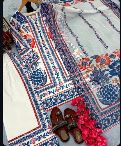 Elegant White & Blue Floral Printed co ord