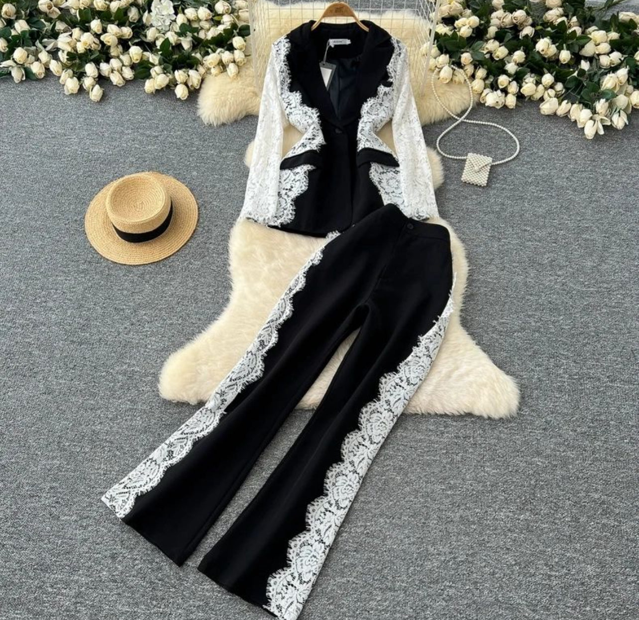 Maira Lace Panel Blazer Set