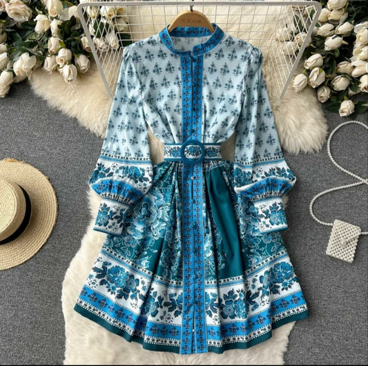 Blue Digital Print Dress With Belt