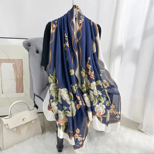Blue Begonia printed silk scarf