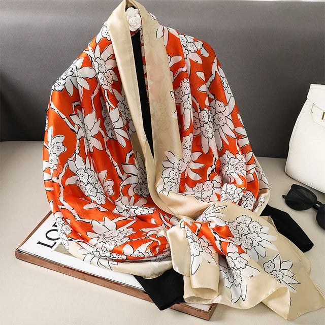 Orange coffee Floral Printed silk scarf