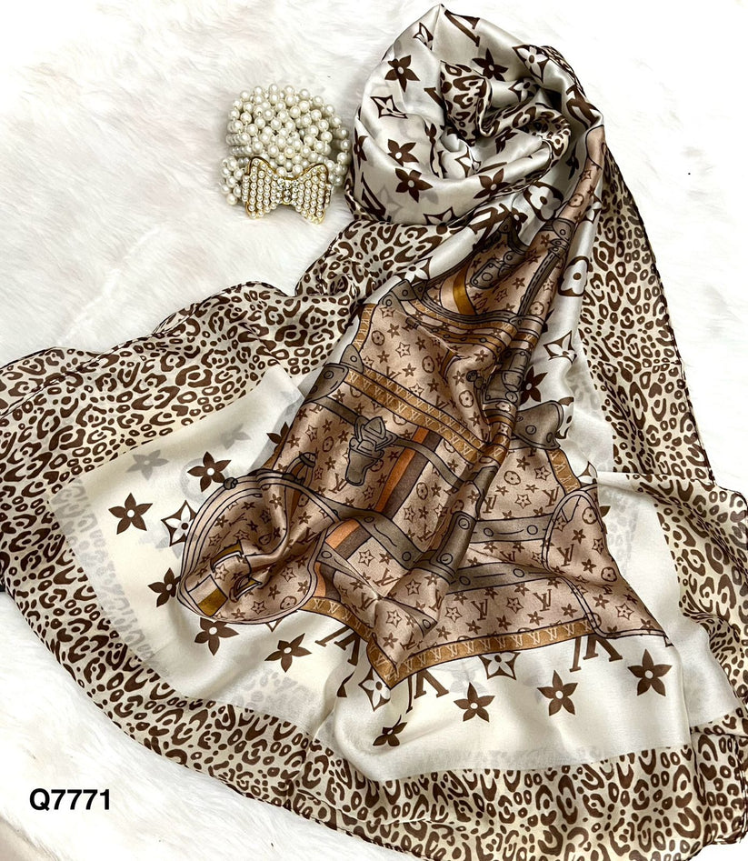 Coffee V Animal Printed Silk Scarf