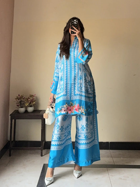 Blue casual printed co ord armani satin