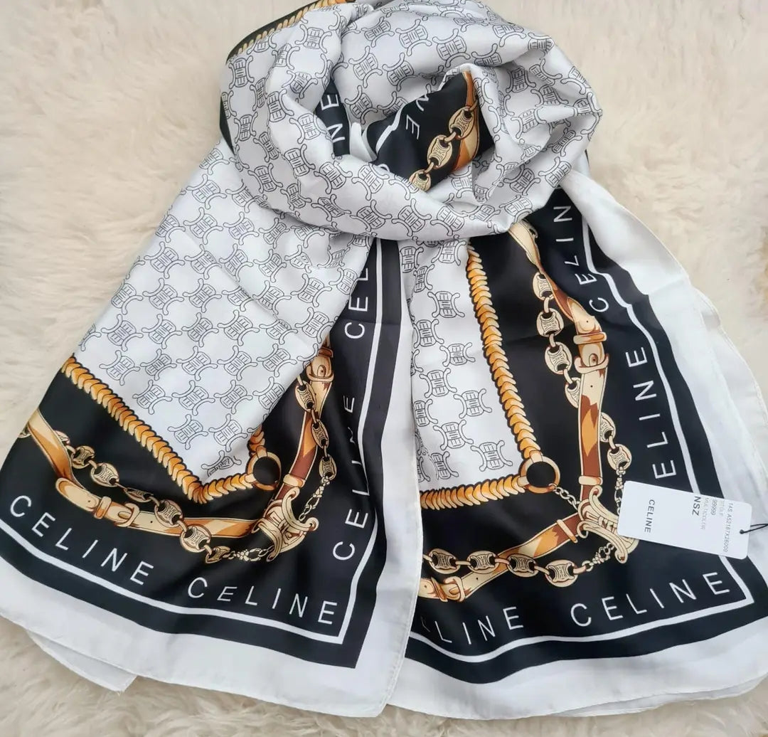 Luxury Brand Celine Silver Print Silk Scarf