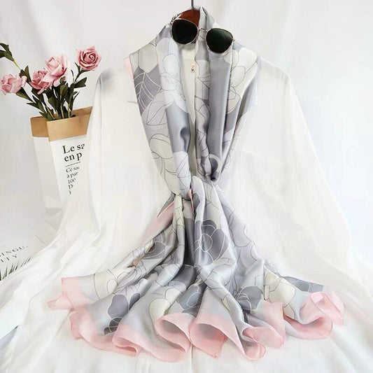 Pink Gray Floral Printed Silk Scarf