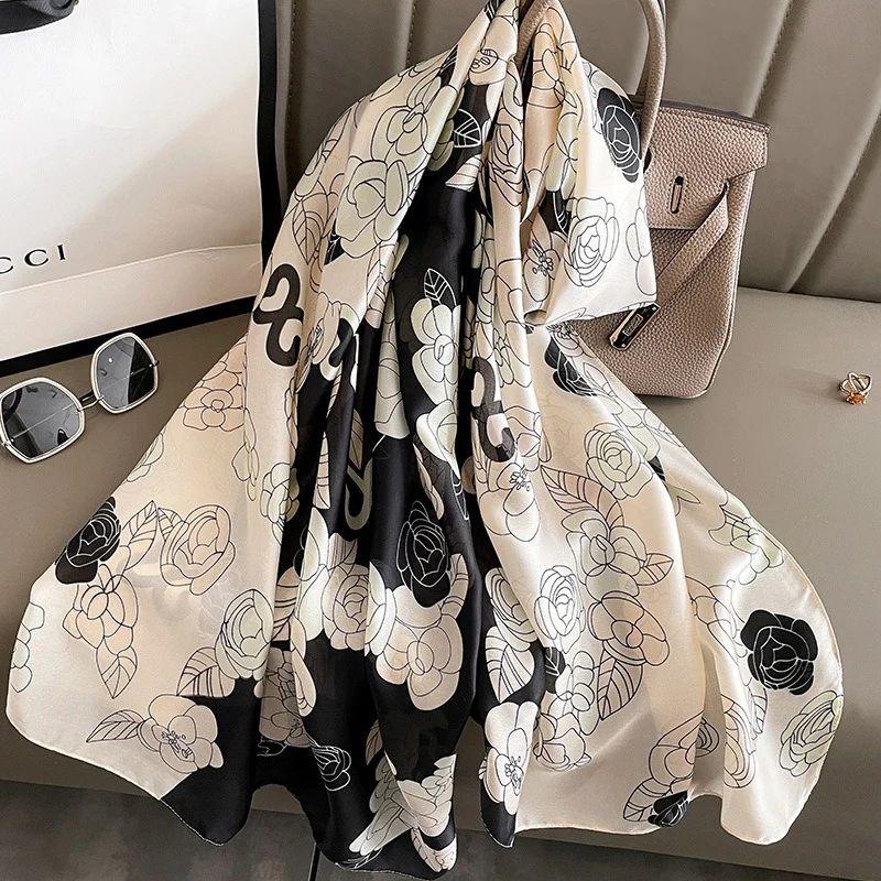 Black & White Roses Printed Silk Scarf