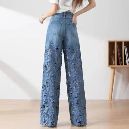 Embroidered Lace Panel Denim Trousers