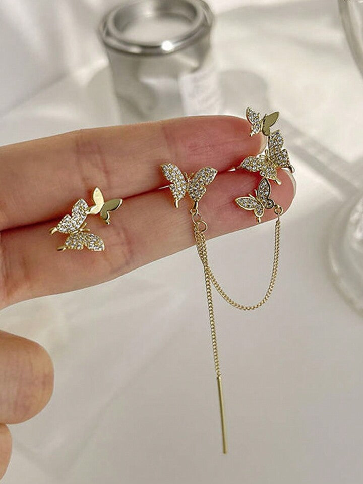 Rhinestone Cute Butterfly Chain Korean Earrings Pair