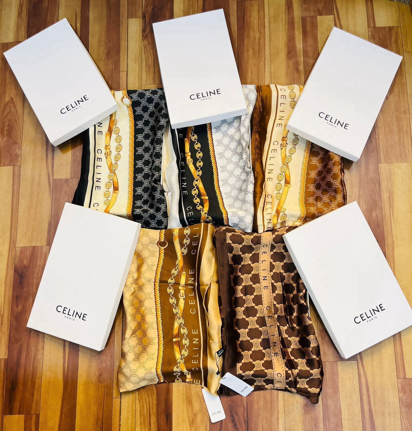 Luxury Brand Celine Gold Print Silk Scarf