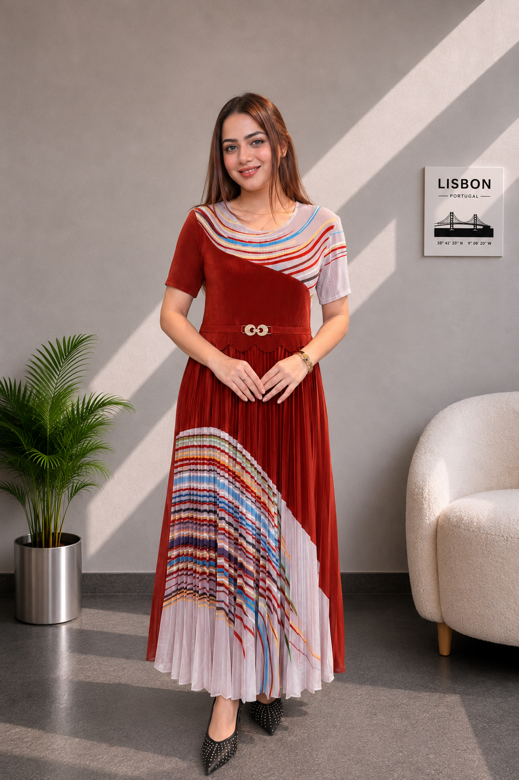 Aura Pleated Colorblock Pleated Maxi Dress