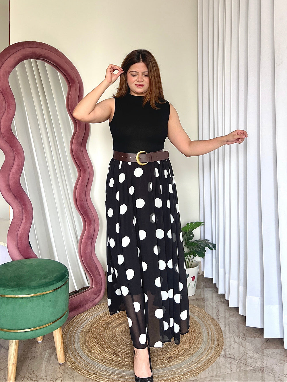 Polka Dot Belted Maxi Dress