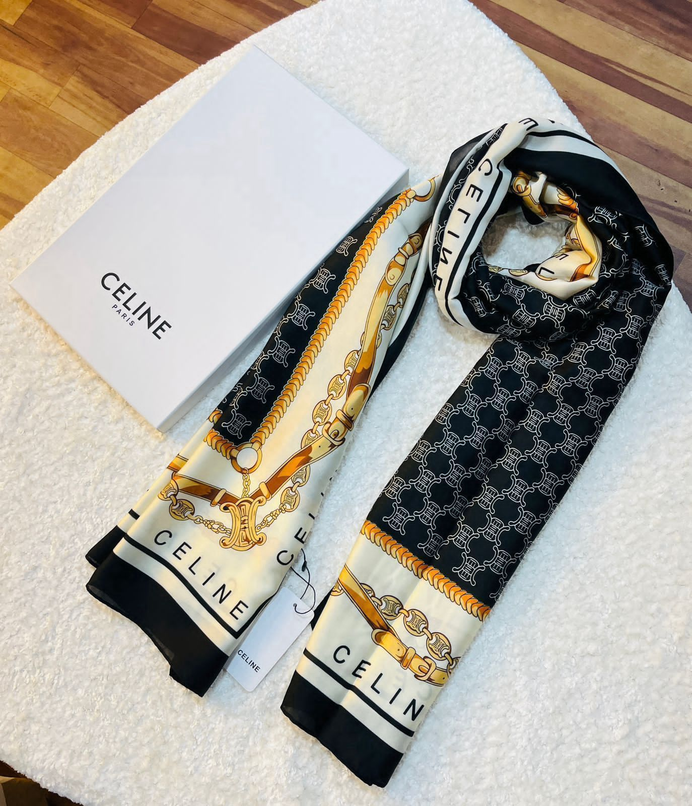 Luxury Brand Celine Black Print Silk Scarf