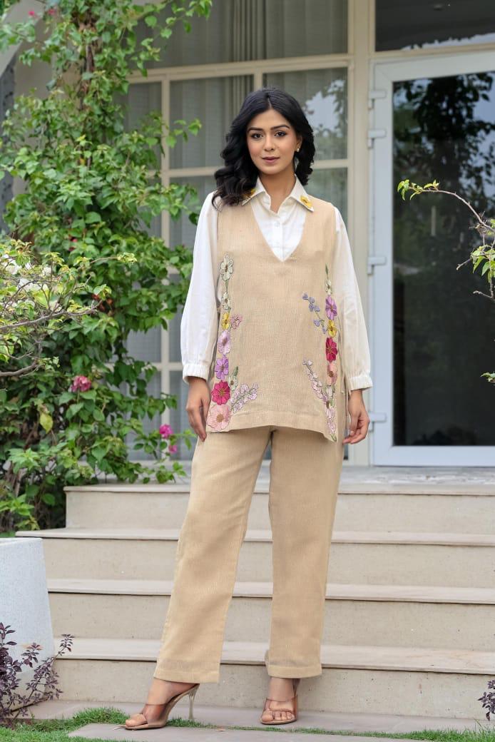 Beige Jute Linen Jacket Co-ord Set