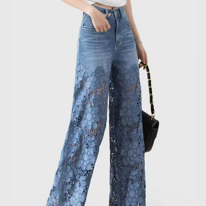 Embroidered Lace Panel Denim Trousers