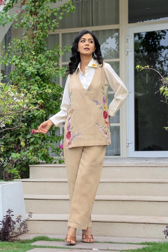 Beige Jute Linen Jacket Co-ord Set