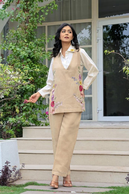 Beige Jute Linen Jacket Co-ord Set