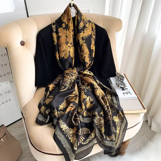 Black Gold Phoenix Printed Silk Scarf