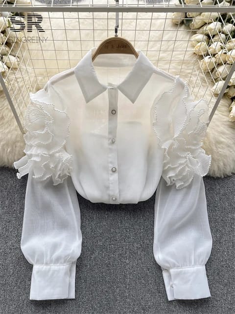 Pearl embellished Ruffle Shirt