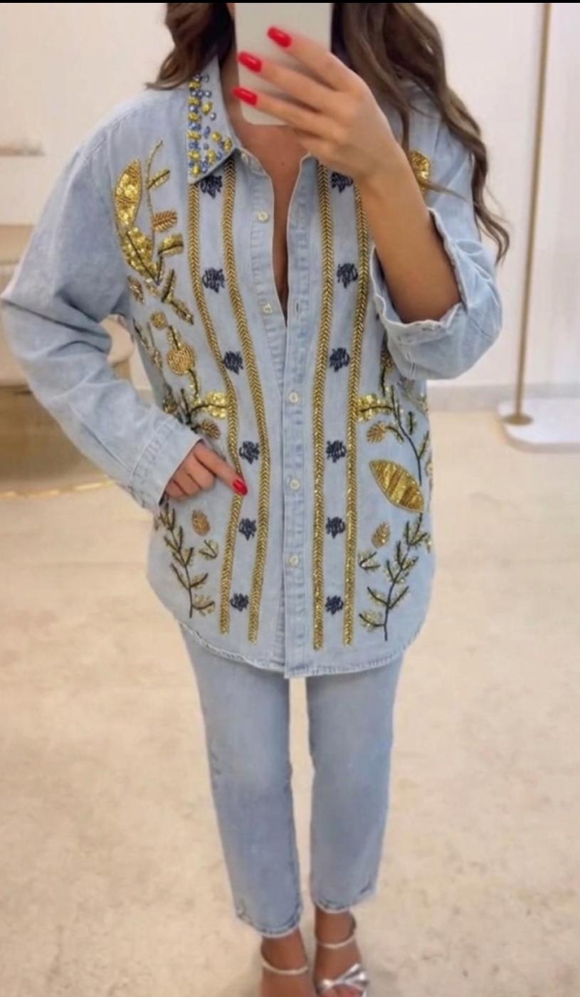 Royal Gold Embroidered Denim Shirt