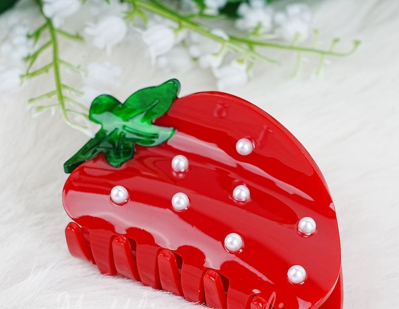 Cute Strawberry Acrylic Hair Claw With Pearl