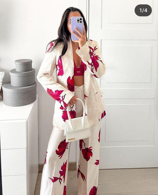 Satin Floral Print Blazer Set