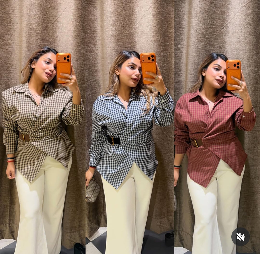 Women's Wrap Belted Gingham Shirt
