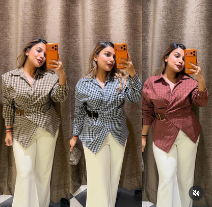 Women's Wrap Belted Gingham Shirt