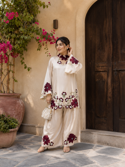 Burgundy Bloom Embroidered Co Ord Set