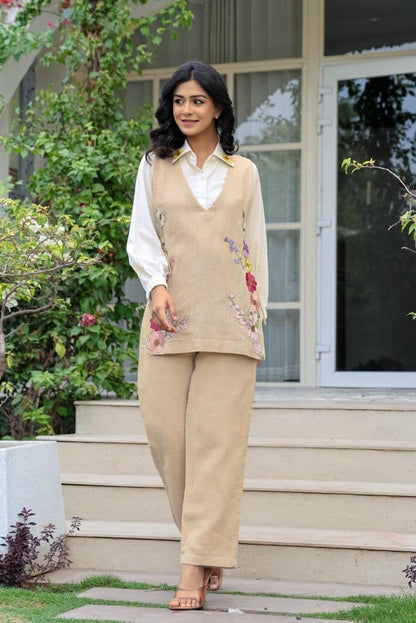 Beige Jute Linen Jacket Co-ord Set