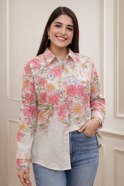 Azure Bloom Embroidered Floral Shirt