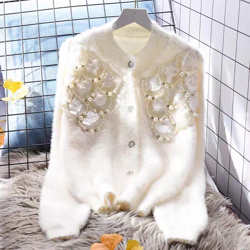 Mohair Wool Knitted Heavy Beaded Sweater